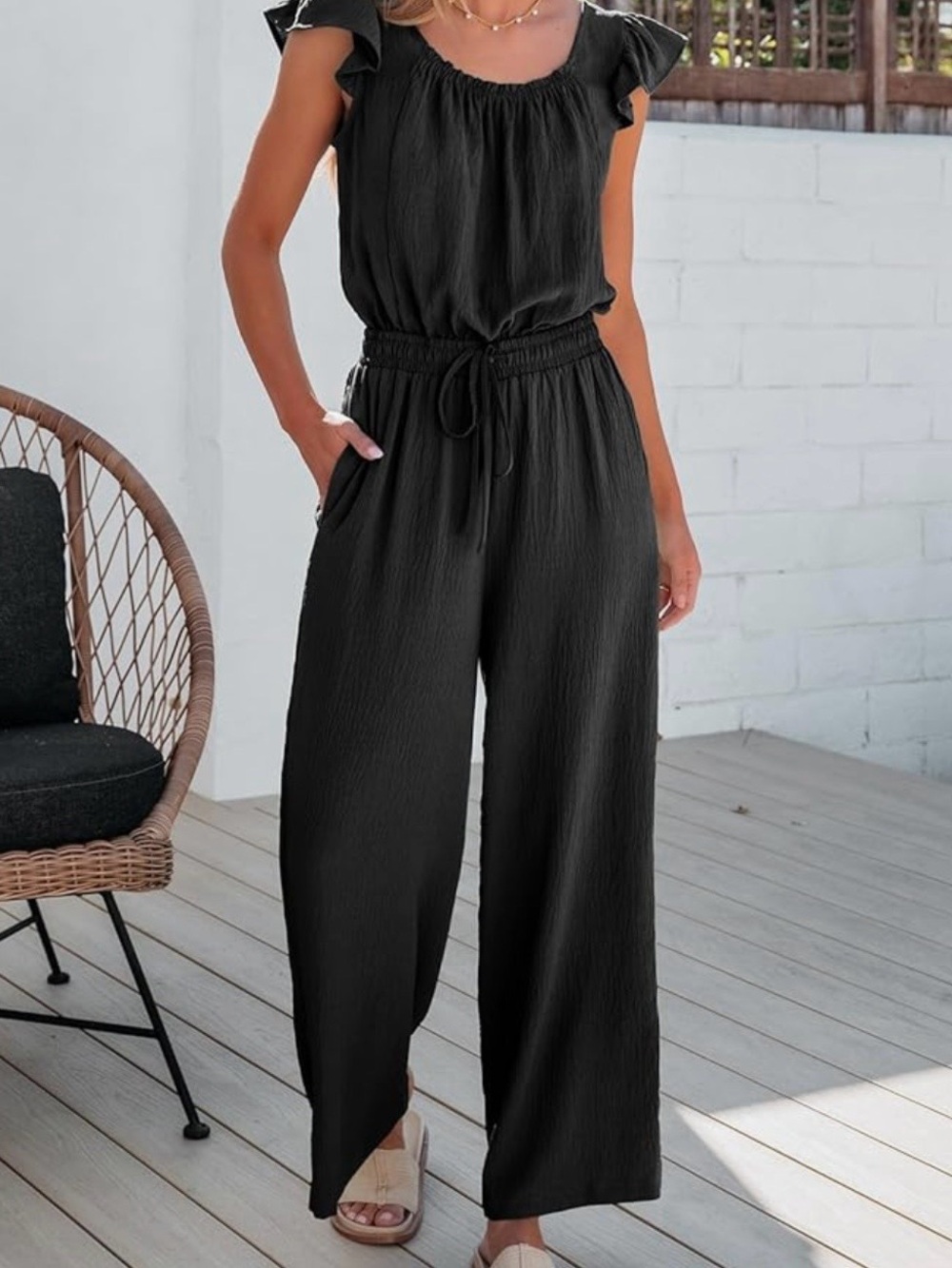 Dokotoo Women's Black Ruffle-Sleeve Wide-Leg Jumpsuit